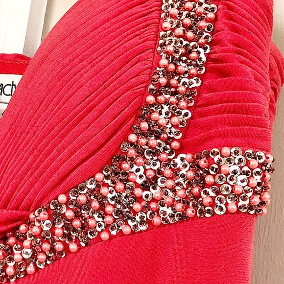 Cache Pink Dress Coral Beaded Sequin Silk Maxi Prom Dress Classic Elegance - Picture 5 of 13